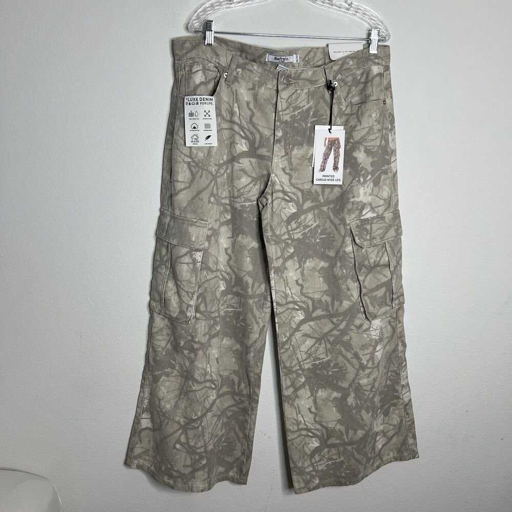Refrain Women's Wide-Leg Denim Jeans Gray Camo Cargo Pocket 15-32